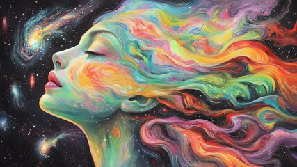 Poster - Woman with colorful hair surrounded by a vibrant nebula in a cosmic and dreamlike atmosphere
