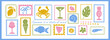 © Nastya - Set postmark stamp with summer elements in flat simple style. Frames with fish, drink, tropical fruit. Vacation vibe