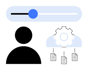 Poster - Person icon, slider bar, cloud with gear, and files suggest user customization, cloud-based integration, data sharing. Ideal for technology, settings, cloud solutions data management workflow user