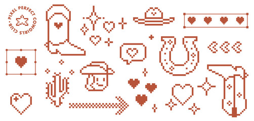 Poster - Wild west game abstract brown design elements set. Y2k inspired cowboy icon. Retro cowboy western isolated vector illustration in pixel art. Cowboy boot, cactus, lucky horse shoe collage sticker