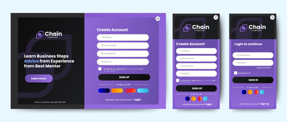 Poster - Set of Sign Up and Sign In forms. Blue gradient. Mobile Registration and login forms page. Professional web design, full set of elements. User-friendly design materials.