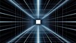 © Hasriani - Glowing grid lines converge at a bright square in a digital tunnel