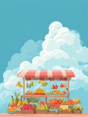 Poster - Colorful Flat Market Display Featuring a Fruit Stand Under a Bright Blue Sky With Fluffy Clouds