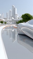 Poster - Abstract futuristic metropolis with endless mirrored reflections, floating walkways, and transparent buildings, experimental camera angles, long exposure light trails, ultra-modern urban design,