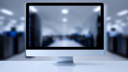 Poster - Modern Office: An ultra-wide screen computer display sits prominently atop a sleek desk, reflecting a softly blurred view of a modern office environment.