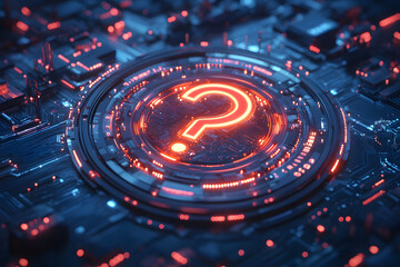 Poster - A 3D rendering of an abstract glowy question mark interface on a blue background. Technology, information, online help, and problem solving concept.