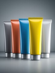 Aufkleber - Modern Packaged Sealant Tubes Displayed on Neutral Industrial Background Showcasing Vibrant Colors and Sleek Design