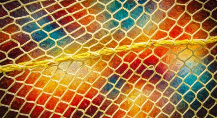 Abstract Illustration of a Colorful Net Pattern with Geometric Shapes and Gold Accents