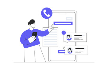 Poster - Call center. Customer service 24 hours, man assistant response. Hotline, online technical support. Flat Cartoon Vector Illustration, icon. Stylish abstract design landing page