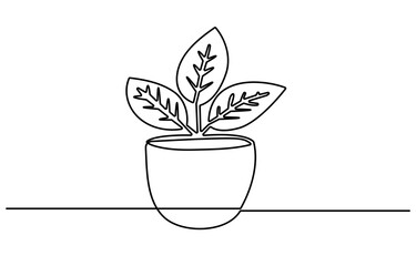 Poster - House plant outline drawing illustration. one continuous line drawing of plant in the pot for house decoration.