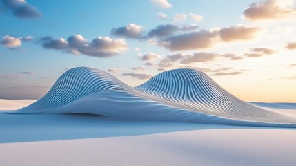 Poster - Smooth, white, undulating forms resembling dunes under a pastel sunset sky