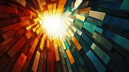 Poster - Abstract art depicting a vibrant, colorful, geometric tunnel converging towards a bright light source