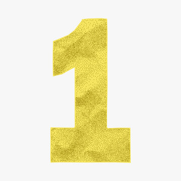 Colorful yellow number 1 with crumpled paper surface, torn edge detail. Fun sticker style in vibrant tones, cheerful hand cut cartoon aesthetic.