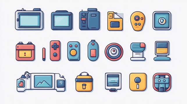 Electronic devices icons collection, variety of cameras, controls and more, flat design