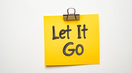 Poster - Yellow Sticky Note with Clip Saying Let It Go, Clean Minimal Background, Motivational Concept