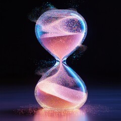 Poster - Glowing hourglass with iridescent sand flowing, dark background