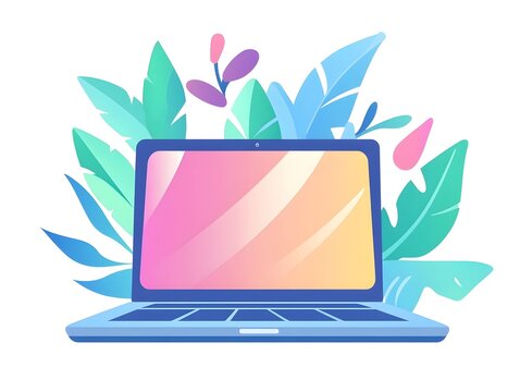 Modern Laptop Illustration in a Nature-Inspired Workspace Decor with Greenery and Digital Art Elements