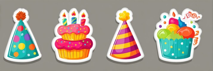 Aufkleber - Festive Birthday and Party Sticker Set Featuring Colorful Party Hats, Cupcakes, and Balloons for Celebration Decorations