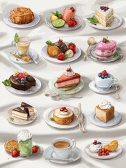Poster - Delicious Glossy Food Sticker Illustrations on a White Tablecloth Showcasing Various Desserts and Drinks in a Vibrant and Artistic Arrangement