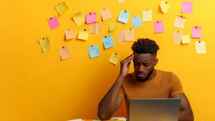 Poster - Exhausted professional experiencing workplace burnout, massaging temples while surrounded by colorful sticky notes covering bright yellow office wall during intense laptop work