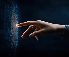 Poster - A finger hovers over a glowing digital fingerprint, symbolizing the intersection of technology and personal identity in an increasingly digital world.