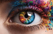 © Narongsak - A mesmerizing close-up of a colorful eye, adorned with artistic splashes of paint, showcasing a blend of vivid hues and intricate details, symbolizing creativity and human expression.