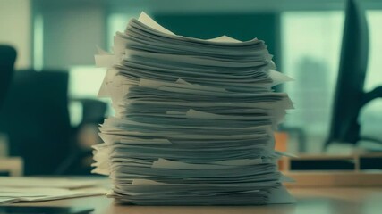 Poster - Large stack of unorganized papers creates visual representation of paperwork, illustrating administrative workload and office clutter in professional setting