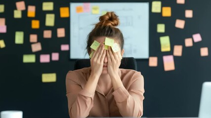 Aufkleber - Stressed businesswoman is covering her face with hands while sitting at desk in office with many sticky notes on her forehead and on the wall behind her, having a lot of tasks and deadlines
