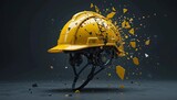 Yellow construction helmet breaking into floating geometric fragments