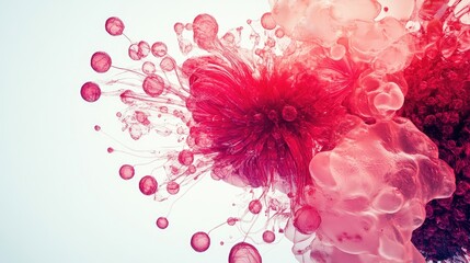 Poster - Abstract vibrant red and pink ink swirling in water, creating organic shapes and textures