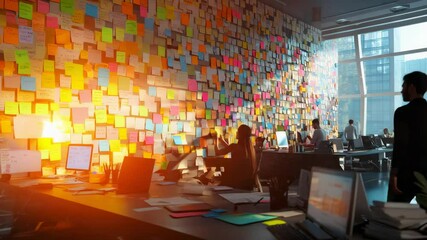 Aufkleber - Office workers are using many colorful sticky notes on a wall for project management and brainstorming in a modern office with computers and large windows