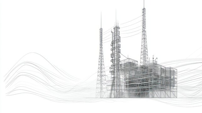 A grayscale architectural rendering of a complex industrial structure, set against a backdrop of abstract, flowing lines.  The structure is a detailed outline of metal frameworks, pipes, and antennae