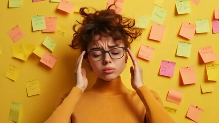 Aufkleber - Young stressed businesswoman suffering from headache, migraine or hangover with closed eyes, touching her temples, standing near yellow wall with many sticky notes