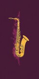 Gold saxophone against a purple background