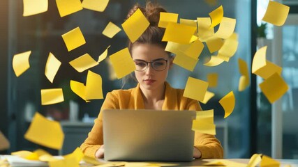 Poster - Professional working woman wearing yellow sweater typing on laptop, yellow sticky notes swirling around workspace, depicting concentrated productivity and dynamic office setting