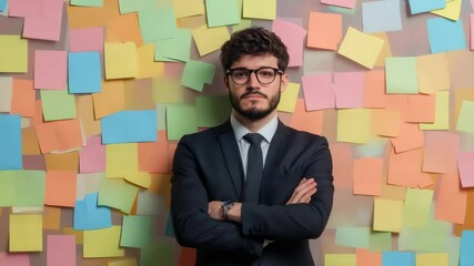 Poster - Professional businessman standing contemplatively, arms crossed, before wall densely plastered with multicolored sticky notes signaling workload, brainstorming, project management