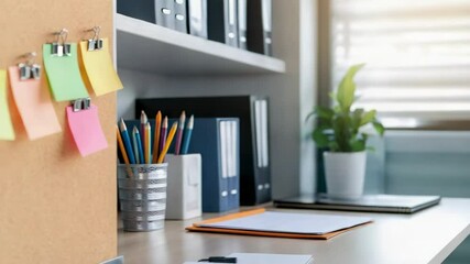 Aufkleber - Colorful sticky notes are attached to a cork board with clips in a modern office. Creating a visual representation of tasks. Ideas. Or reminders. Contributing to a productive and organized workspace