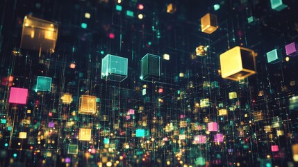 Aufkleber - Vibrant, luminous cubes float in a dark, digital space, interconnected by glowing lines