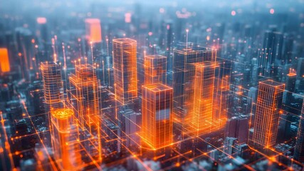Poster - Vibrant cityscape at night featuring glowing buildings and illuminated skyscrapers under starry sky
