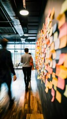 Aufkleber - Professional employee walking through minimalist office hallway, passing colorful task board with sticky notes tracking workflow progress for agile project management