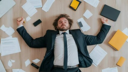 Poster - Stressed businessman in a suit lies exhausted on the office floor, surrounded by scattered papers, laptops, and smartphones, highlighting the pressures of a demanding work environment
