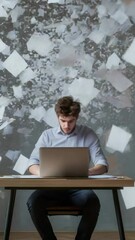 Aufkleber - Office worker concentrating on working on his laptop while sheets of paper are flying around him, depicting stress, overwork, and information overload