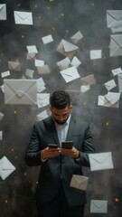 Poster - Businessman is using a smartphone with multiple flying envelopes in the background, representing communication overload and the challenges of managing information in the digital age