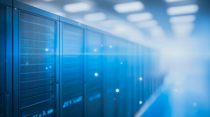Poster - data center pathway: futuristic perspective of a data center hallway, illuminated with a soft, ether