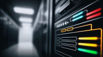 Poster - server room technology: close-up view of a server rack with illuminated indicators, showcasing advan