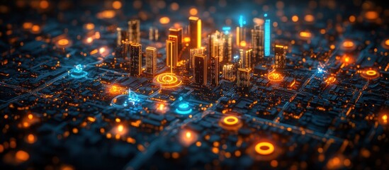 futuristic city with glowing network
