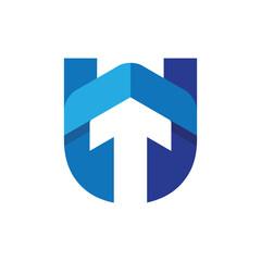 Poster - this is a flat logo design of initial letter U with arrow heading up in blue color
