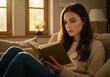 © CarolynS - Photo of a Woman Reading a Book Relaxing Indoors with Daylight and Casual Jeans