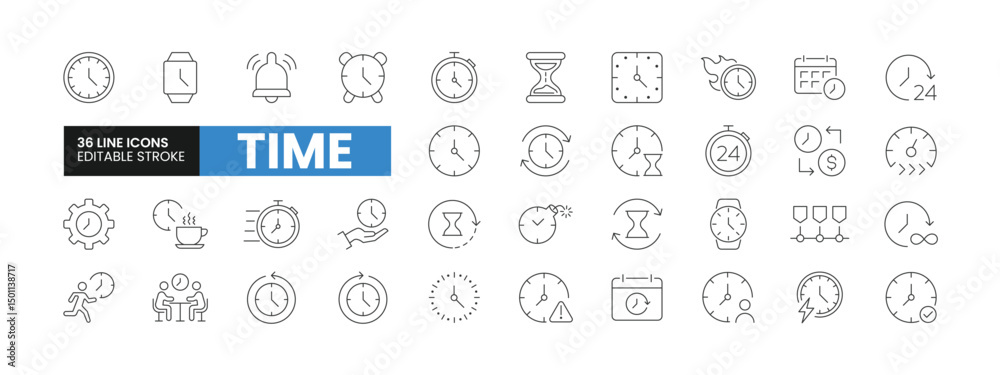 Set of 36 Time-related line icons set. Time outline icons with editable ...