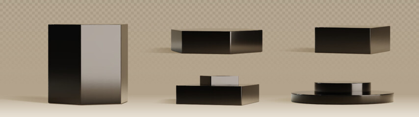 Poster - Black podiums set on transparent background. Pedestals in various shapes - rectangular block, angled hexagon structure, curved cylinder form. 3d realistic blank glossy plinths for product exhibition.